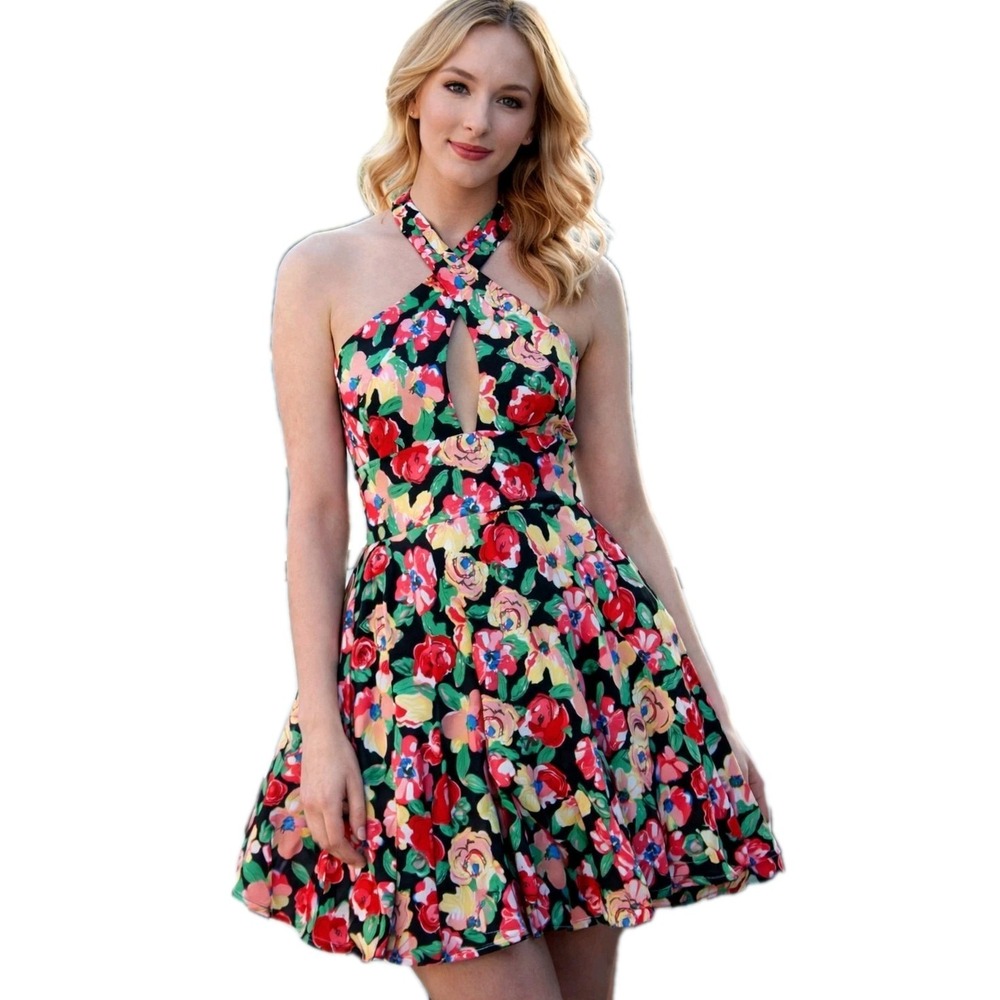 IT Girl Floral Halter Skater Dress Women Small Keyhole Fit Flare Black Multi